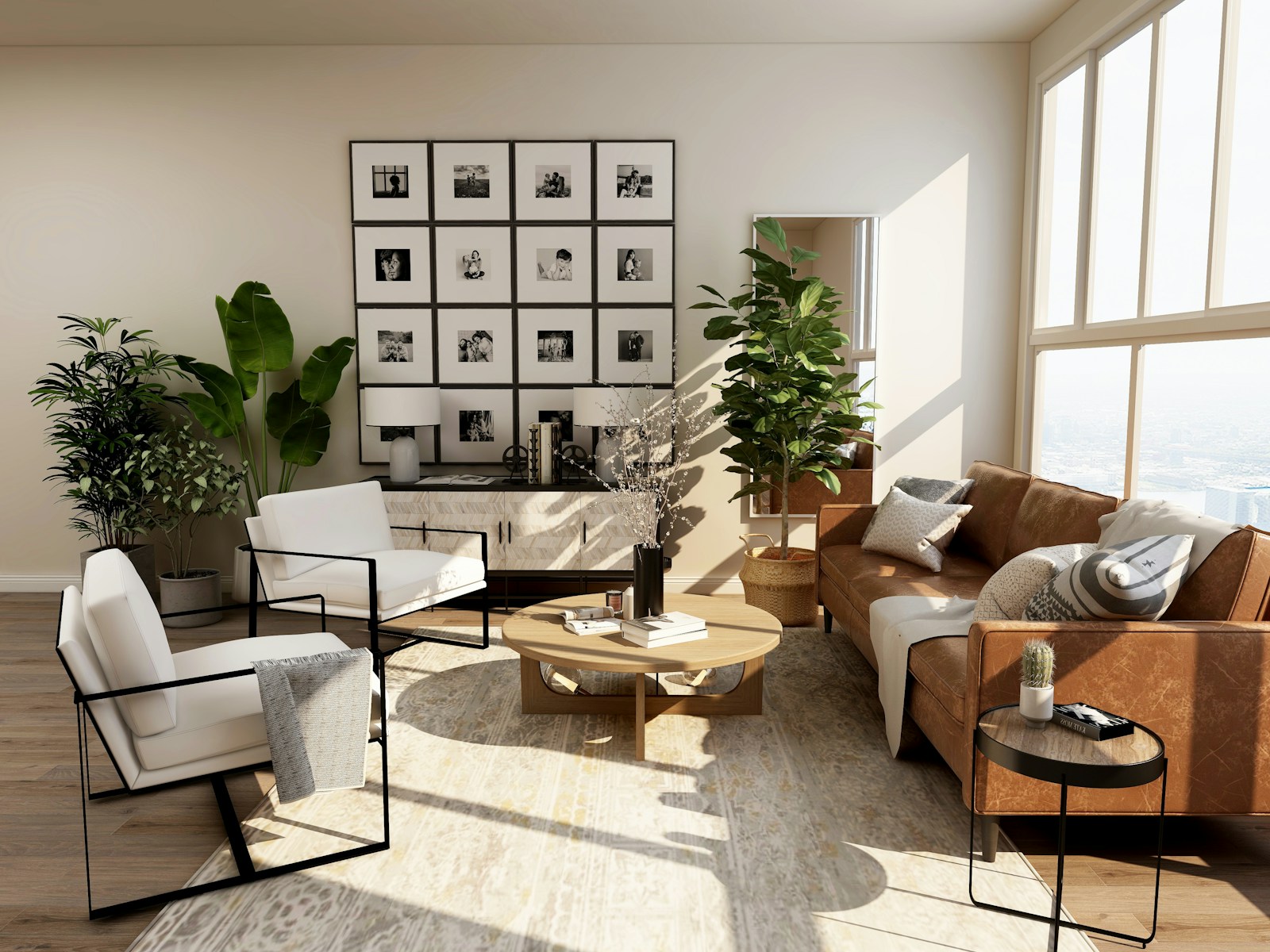 A warm living room with contemporary furniture and natural light